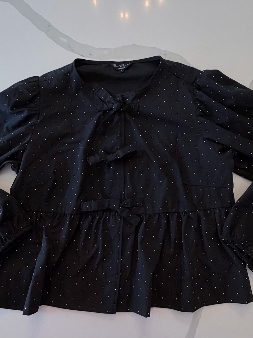 Velvet Heart Black Rhinestone Tie-Front Peplum Blouse